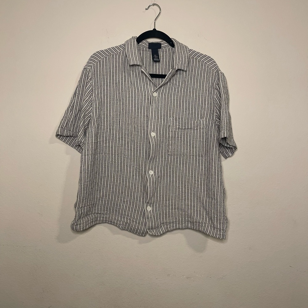 H&M Texture-Knit Resort Shirt Men’s Large Button Up Cotton Blend Tan & Green